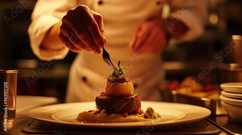 Chef Finishing a Plate with a Fork and Garnish