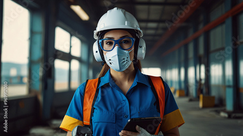 lady engineer hardhat blue industry factory worker woman wears helmet mask glasses headphone