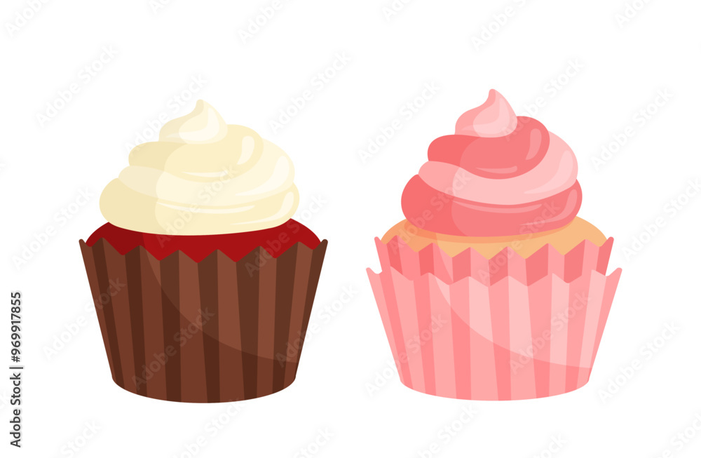 Baker elements set. Chocolate and pink cakes. Pastry and bakery products. Dessert and delicacy. Graphic element for website. Flat vector collection isolated on white background Baker elements set. Chocolate and pink cakes. Pastry and bakery products. Dessert and delicacy. Graphic element for website. Flat vector collection isolated on white background