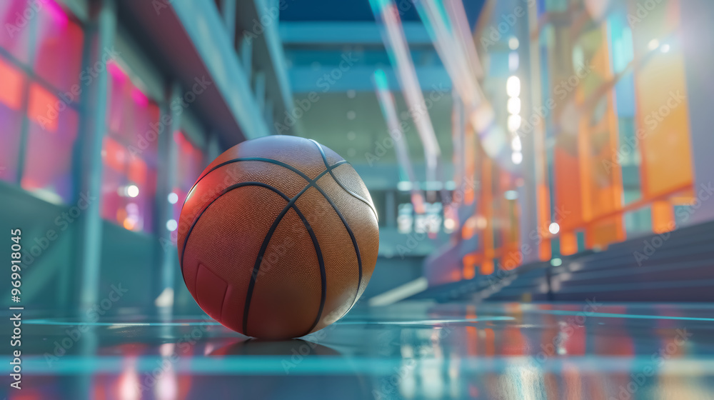 Basketball ball in front of a large modern basketball arena. Basketball ball in front of a large modern basketball arena.