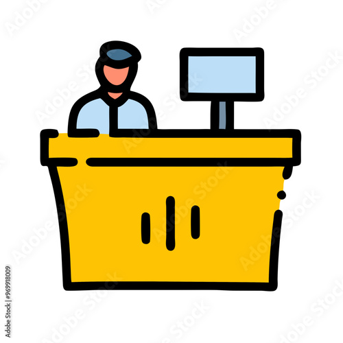 Reception desk with person and computer icon, flat design, yellow and blue, customer service concept