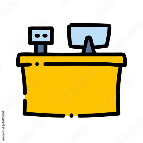 Reception desk icon with computer, flat design, yellow and blue, service counter concept