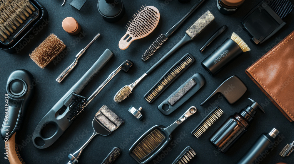 Fototapeta premium Focus on men’s grooming routines and products, such as beard care, shaving, or hair styling. Highlight the specific tools and techniques used for men’s personal care.