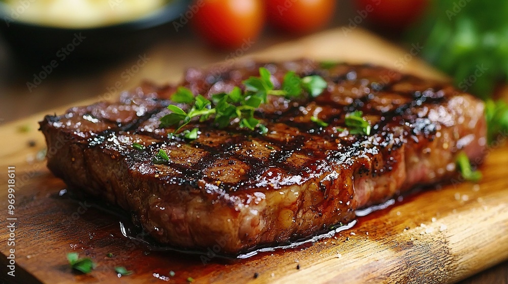 Steak on wooden board with knife and tomatoes Steak on wooden board with knife and tomatoes