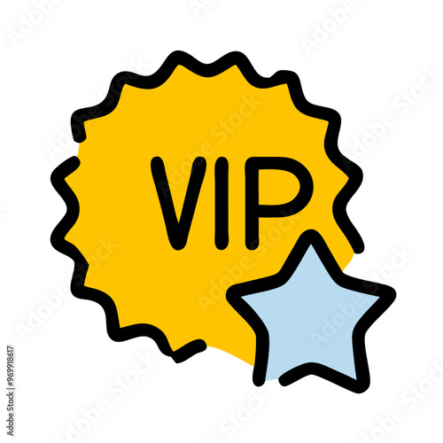 VIP badge icon in cartoon style, yellow and blue, premium membership and exclusivity