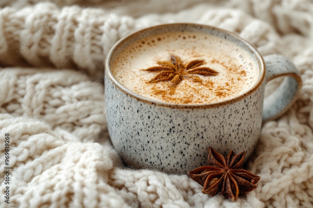 cozy up with a spiced chai tea, perfect for winter a banner idea featuring a velvety cup on a knit blanket background cozy up with a spiced chai tea, perfect for winter a banner idea featuring a velvety cup on a knit blanket background