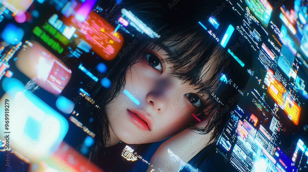 woman's face against the background of colorful computer displays woman's face against the background of colorful computer displays