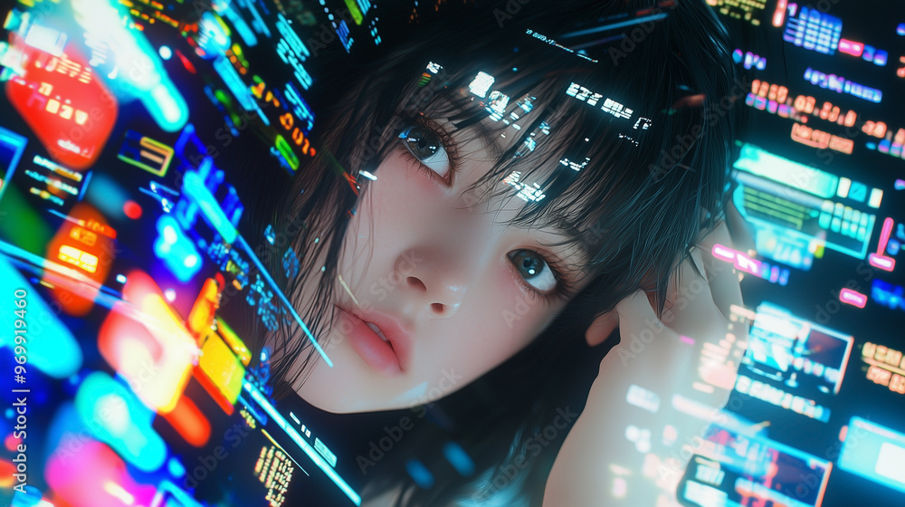 woman's face against the background of colorful computer displays woman's face against the background of colorful computer displays