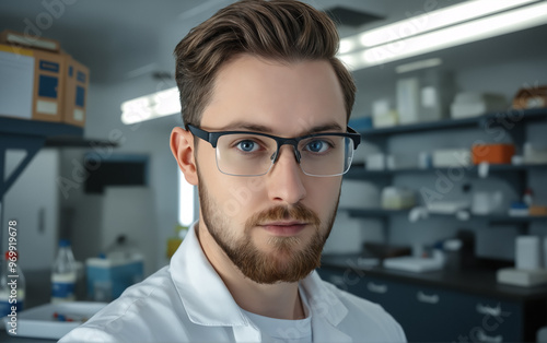 Male doctor laboratory assistant in a white coat in a chemical laboratory against the background of shelves with chemical reagents.