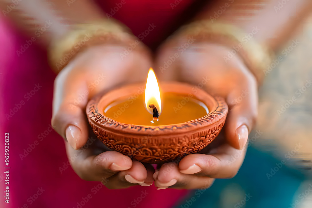 Girl Holding Diwali Diya in Hand, Celebrating the Festival of Lights with Traditional Oil Lamp Girl Holding Diwali Diya in Hand, Celebrating the Festival of Lights with Traditional Oil Lamp