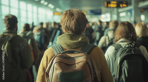 a long line of people waiting at an airport, a crowd of travelers standing in a line that stretches into the distance