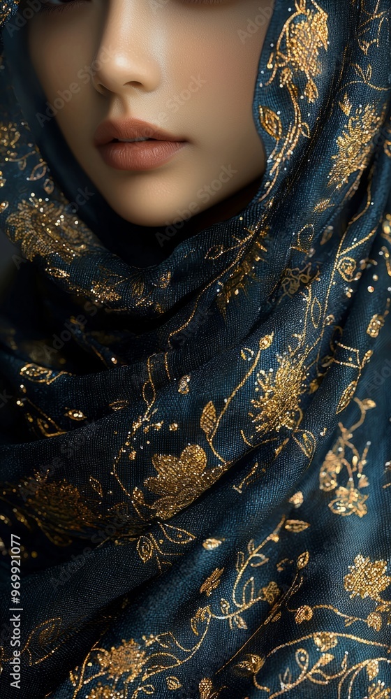 Traditional Kebaya made from holographic fabric, colors shifting from yellow to black , adorned with gold songket motifs, draped elegantly over mannequin. Traditional Kebaya made from holographic fabric, colors shifting from yellow to black , adorned with gold songket motifs, draped elegantly over mannequin.