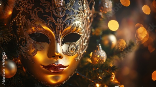 Golden Venetian Mask on Christmas Tree