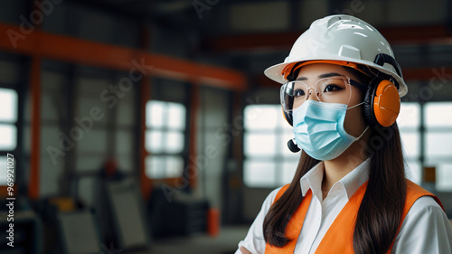 hardhat employee lady orange industry factory worker woman wears helmet mask glasses headphone