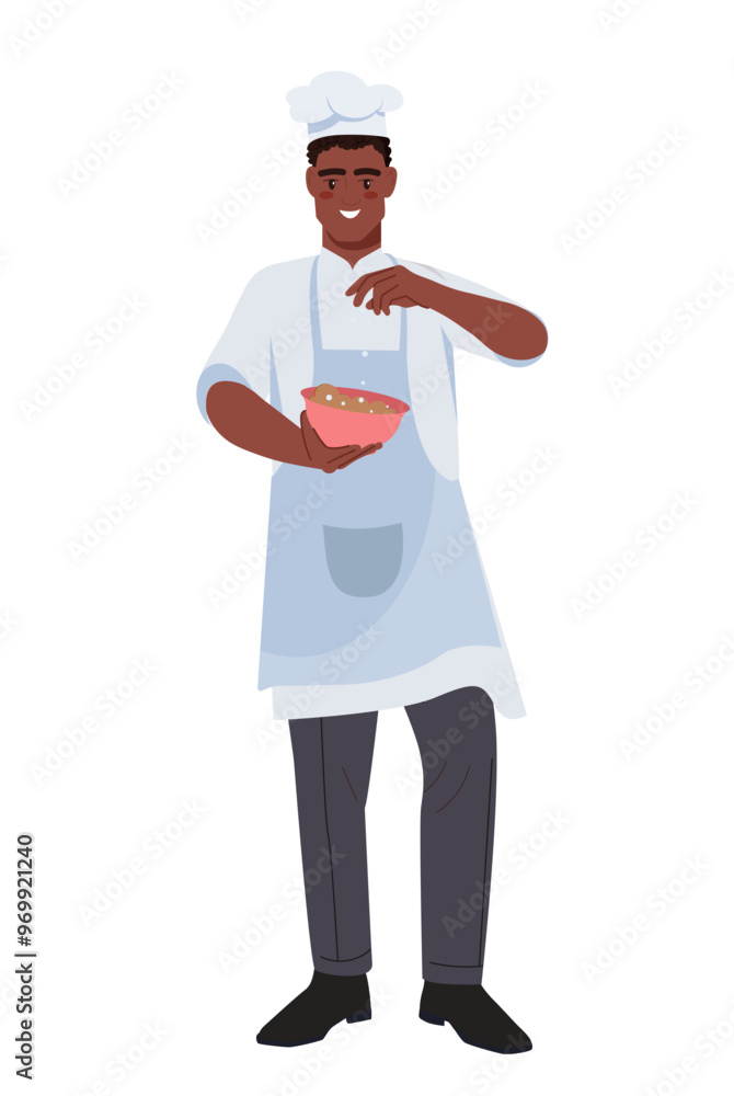 Baker elements set. Man baker with bowl with eating. Chief cooking bakery and pastry food. Catering occupation. Poster or banner. Flat vector collection isolated on white background Baker elements set. Man baker with bowl with eating. Chief cooking bakery and pastry food. Catering occupation. Poster or banner. Flat vector collection isolated on white background