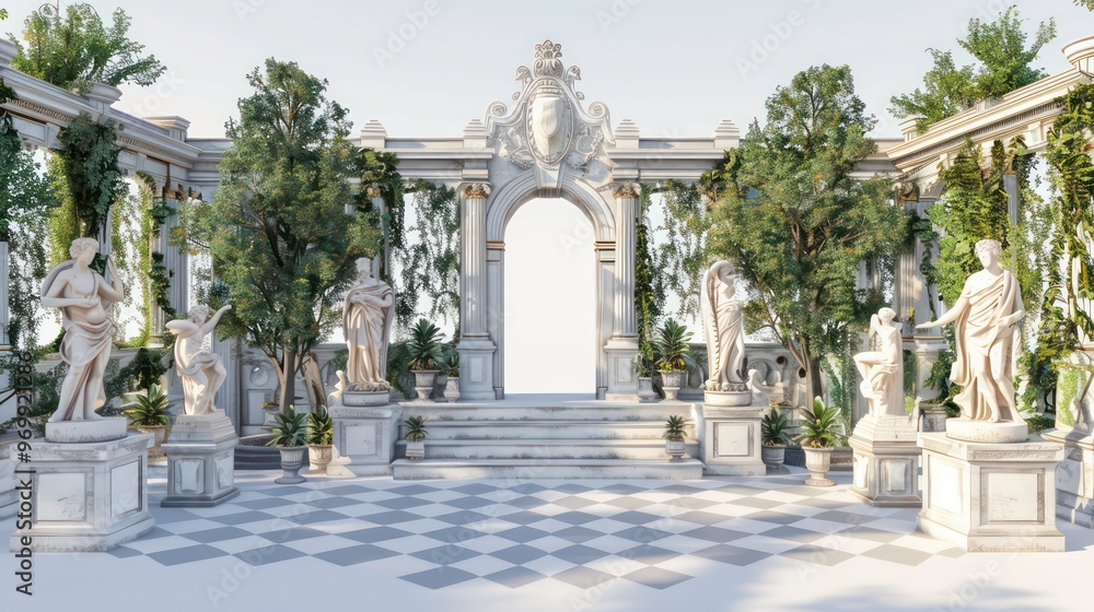 Fototapeta premium A beautiful, ornate white archway framed by green foliage and classical statues, leading to a checkered tile floor and a white background.
