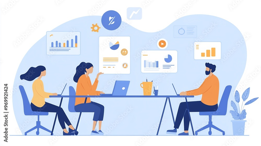 Three people working together at a desk, analyzing data on their laptops and a whiteboard. Three people working together at a desk, analyzing data on their laptops and a whiteboard.