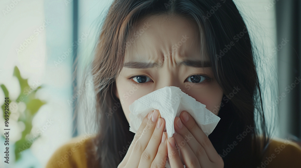 Asian woman sneezing and holding a tissue, suffering from allergic rhinitis Asian woman sneezing and holding a tissue, suffering from allergic rhinitis