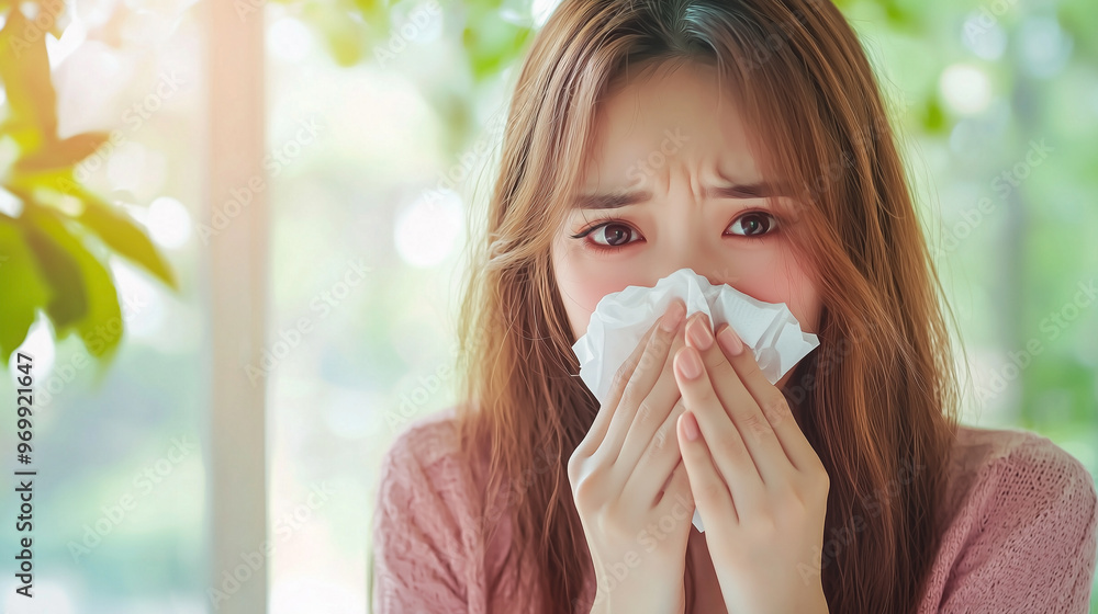 Asian woman sneezing and holding a tissue, suffering from allergic rhinitis Asian woman sneezing and holding a tissue, suffering from allergic rhinitis