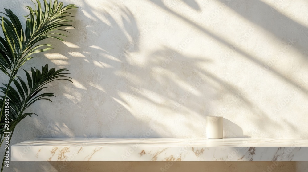 Minimalist Interior Design with Sunlight and Palm Leaves Minimalist Interior Design with Sunlight and Palm Leaves