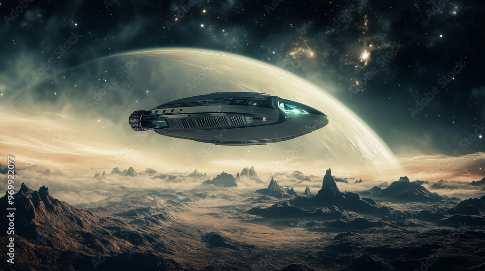 Obraz premium A futuristic spaceship glides over an alien landscape with rocky terrain, under a stunning starry sky and a looming planet in the background.