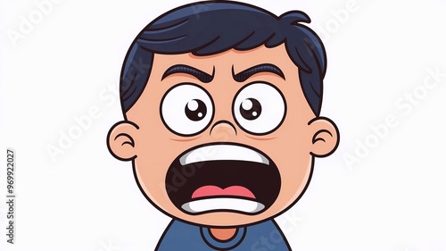 The boy is angry, in a cartoon style, on a white background, the emotion of anger. Illustration