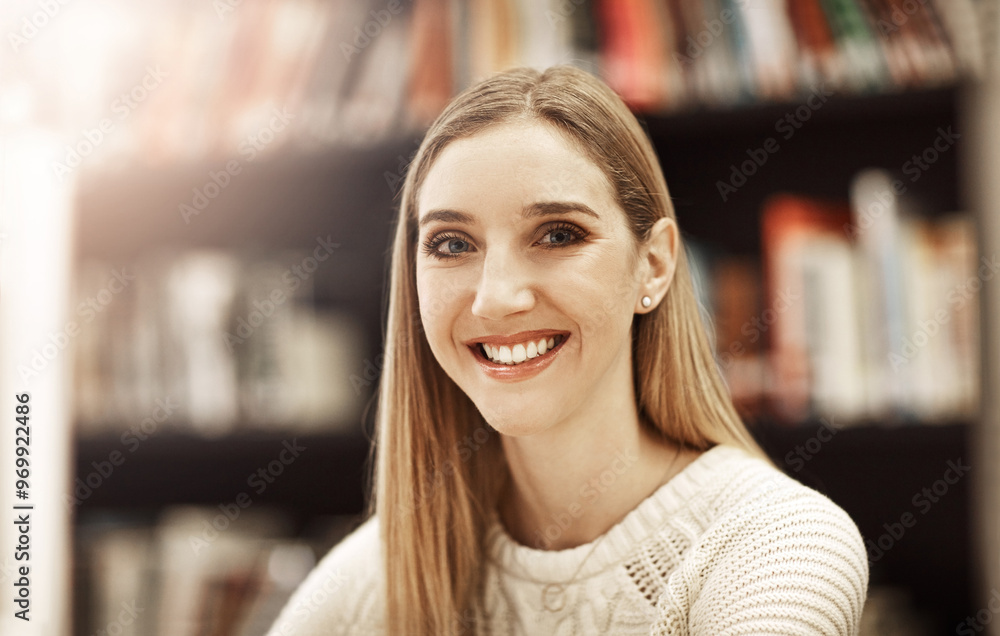 Portrait, student or happy woman in library with smile for education, development or study at college. Face, history or learner with school research, course knowledge or scholarship at university Portrait, student or happy woman in library with smile for education, development or study at college. Face, history or learner with school research, course knowledge or scholarship at university