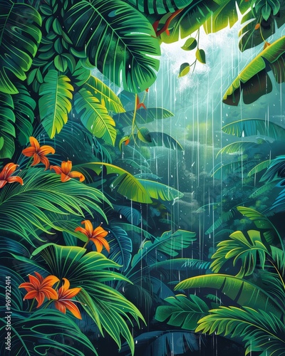 Lush tropical foliage with vibrant flowers, illuminated by soft light and gentle rain, creating a serene jungle atmosphere.