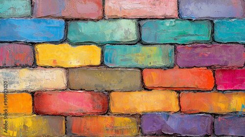 A brick wall displaying various colors and textures, painted with acrylic color. 