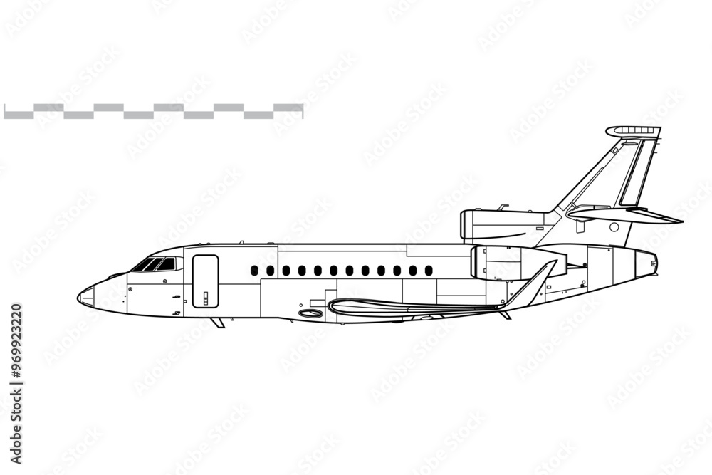 Dassault Falcon 900LX. Vector drawing of corporate jet aircraft. Side view. Image for illustration and infographics. Dassault Falcon 900LX. Vector drawing of corporate jet aircraft. Side view. Image for illustration and infographics.