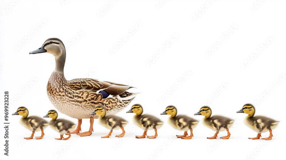 Obraz premium A mother duck with six ducklings walking in a line against a white background.