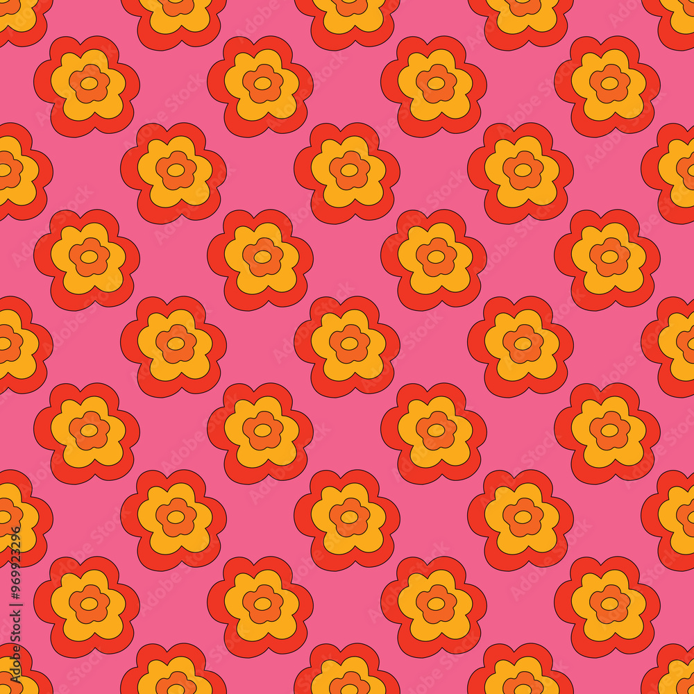 1970s floral seamless pattern. Groovy and funky hippie aesthetic.Good vibes only.Ornament with flowers, botany, petals.Psychedelic rainbow repeating background.Retro print for fabric with nature. 1970s floral seamless pattern. Groovy and funky hippie aesthetic.Good vibes only.Ornament with flowers, botany, petals.Psychedelic rainbow repeating background.Retro print for fabric with nature.