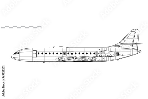 Sud Aviation Caravelle III. Vector drawing of narrow-body mid-range passenger jet airliner. Side view. Image for illustration and infographics.
