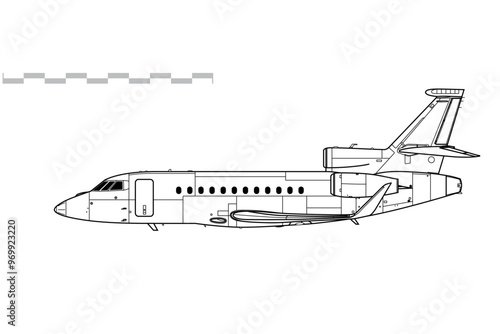 Dassault Falcon 900LX. Vector drawing of corporate jet aircraft. Side view. Image for illustration and infographics.