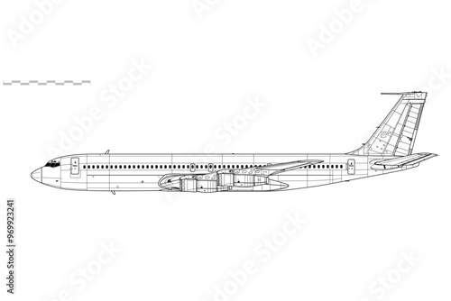 Boeing 707-320. Vector drawing of long-range passenger jet airliner. Side view. Image for illustration and infographics.