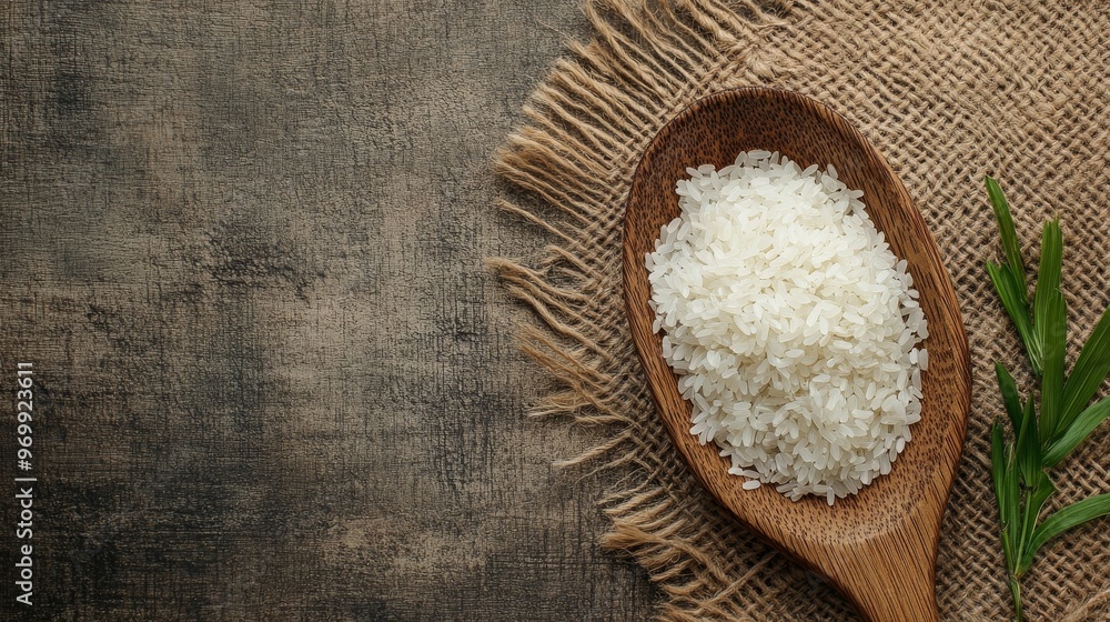Wooden Spoon with Rice Grains on Rustic Burlap Background, rice , food , grain Wooden Spoon with Rice Grains on Rustic Burlap Background, rice , food , grain