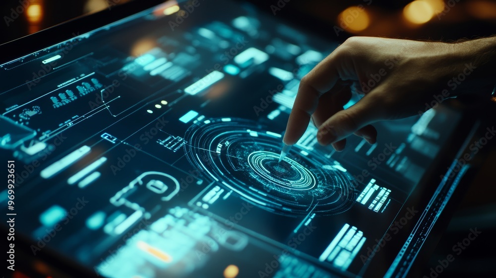 Close up of a software developer coding with augmented reality and artificial intelligence tools Close up of a software developer coding with augmented reality and artificial intelligence tools