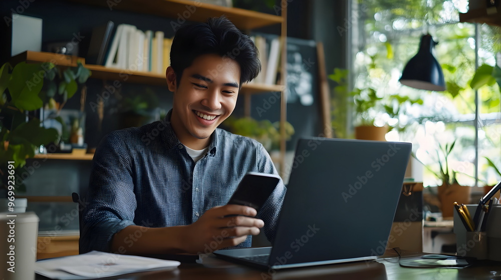 Young Professional Smiling Using Smartphone Laptop Home Office Young Professional Smiling Using Smartphone Laptop Home Office