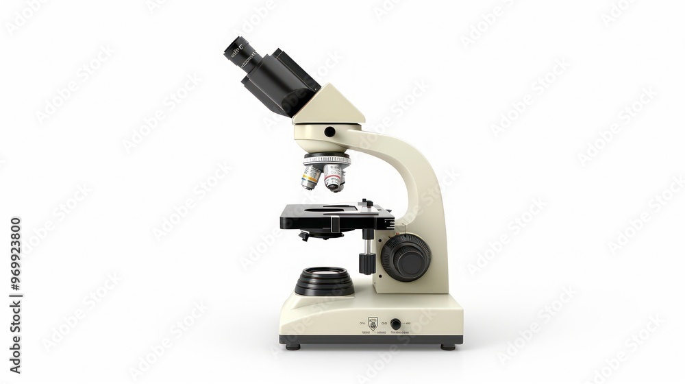 A white microscope with a black lens and stage on a white background. A white microscope with a black lens and stage on a white background.