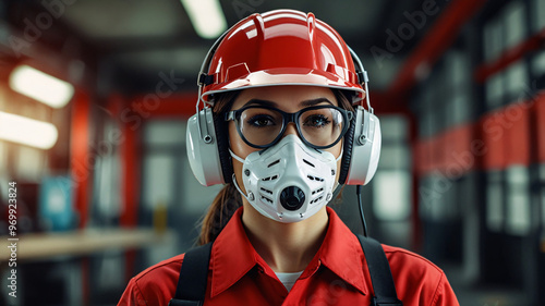 hardhat employee lady red industry factory worker woman wears helmet mask glasses headphone