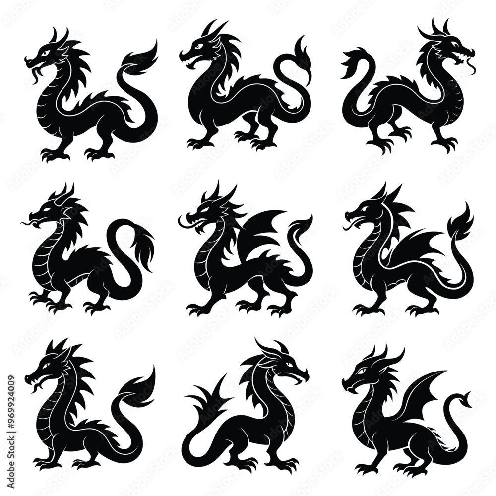 Fototapeta premium black dragon Bundle with a white background, Dragon Black and White Illustration. isolated on white background