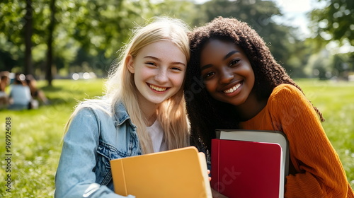 Smiling Friends Enjoying Nature Outdoors Together Holding Colorful Notebooks