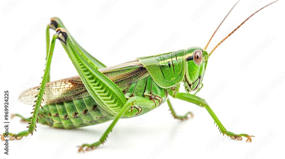 Fototapeta premium A green grasshopper with long legs and antennae is perched on a white background.