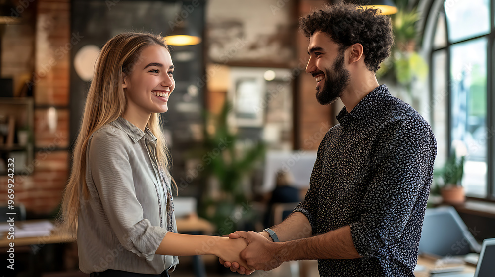 A man and a woman shake hands in a restaurant A man and a woman shake hands in a restaurant