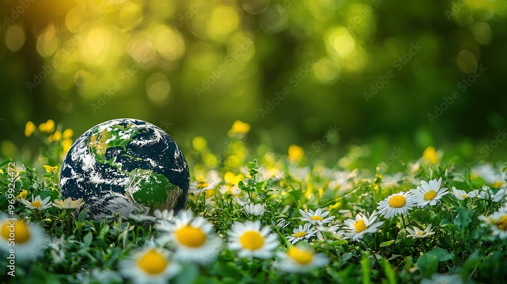 An image of Earth surrounded by daisies, with daisies in the foreground An image of Earth surrounded by daisies, with daisies in the foreground