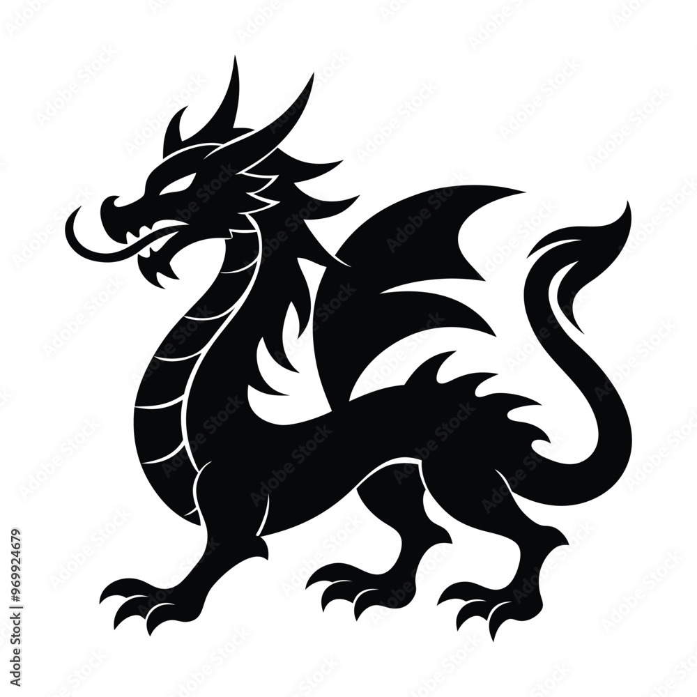 A black dragon with a white background, Dragon Black and White Illustration. isolated on white background A black dragon with a white background, Dragon Black and White Illustration. isolated on white background