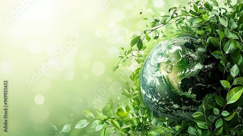  A photo of Earth, surrounded by leaves and nature, with sunlight shining in the backdrop