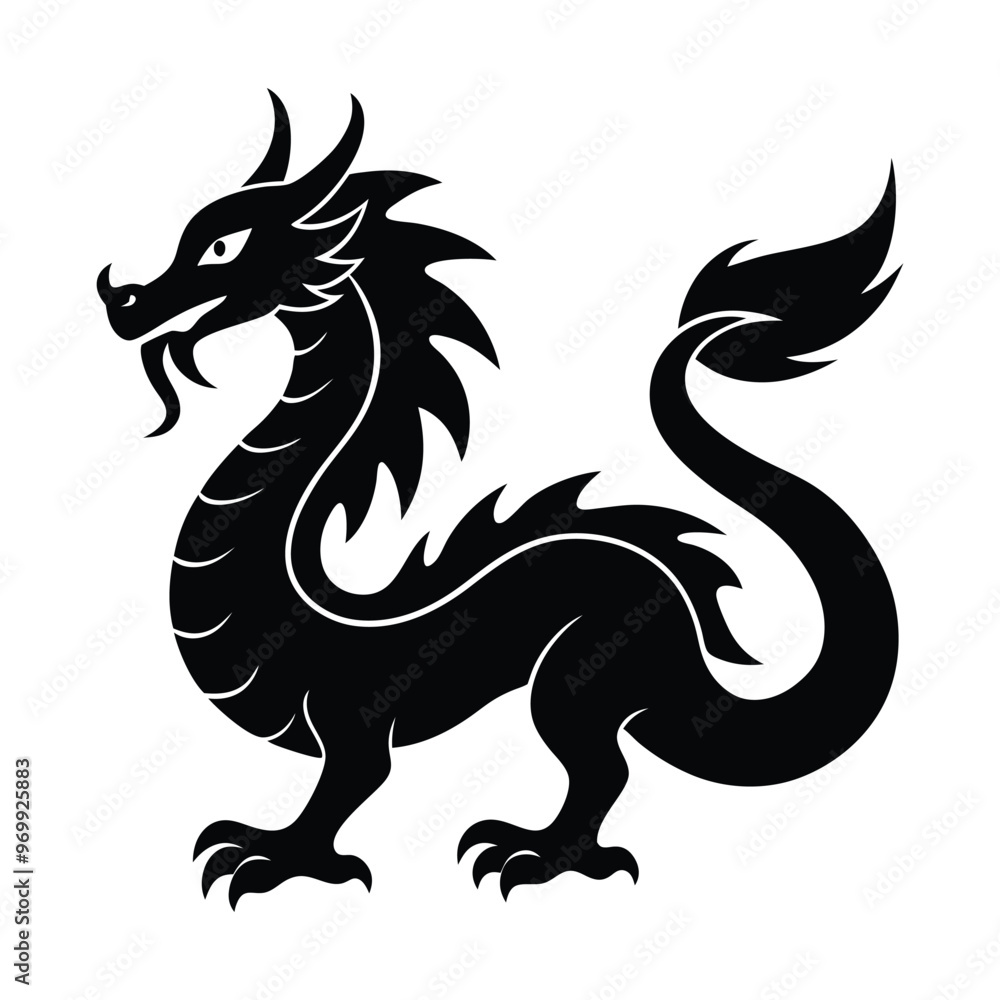 Naklejka premium A black dragon with a white background, Dragon Black and White Illustration. isolated on white background