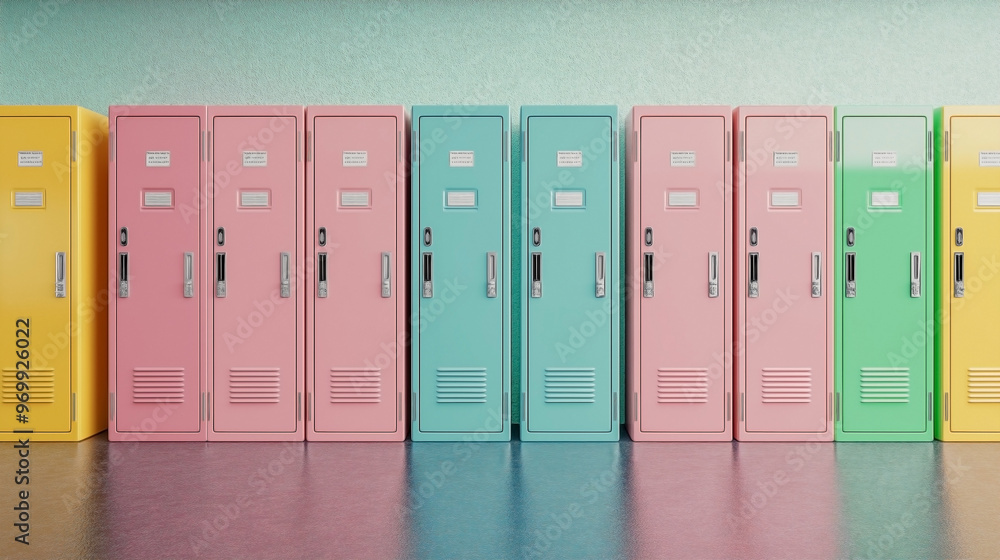 Row of high school lockers in a hallway, styled in pastel pink, green, and yellow tones Row of high school lockers in a hallway, styled in pastel pink, green, and yellow tones
