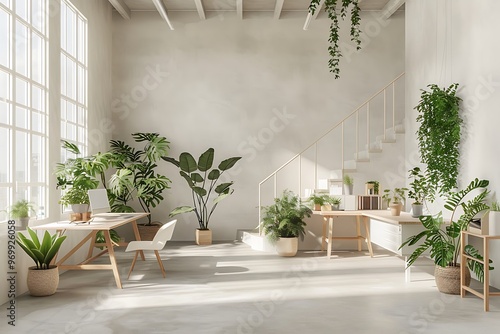 Open workspace with light gray walls, white ceiling, and minimalist wooden desks